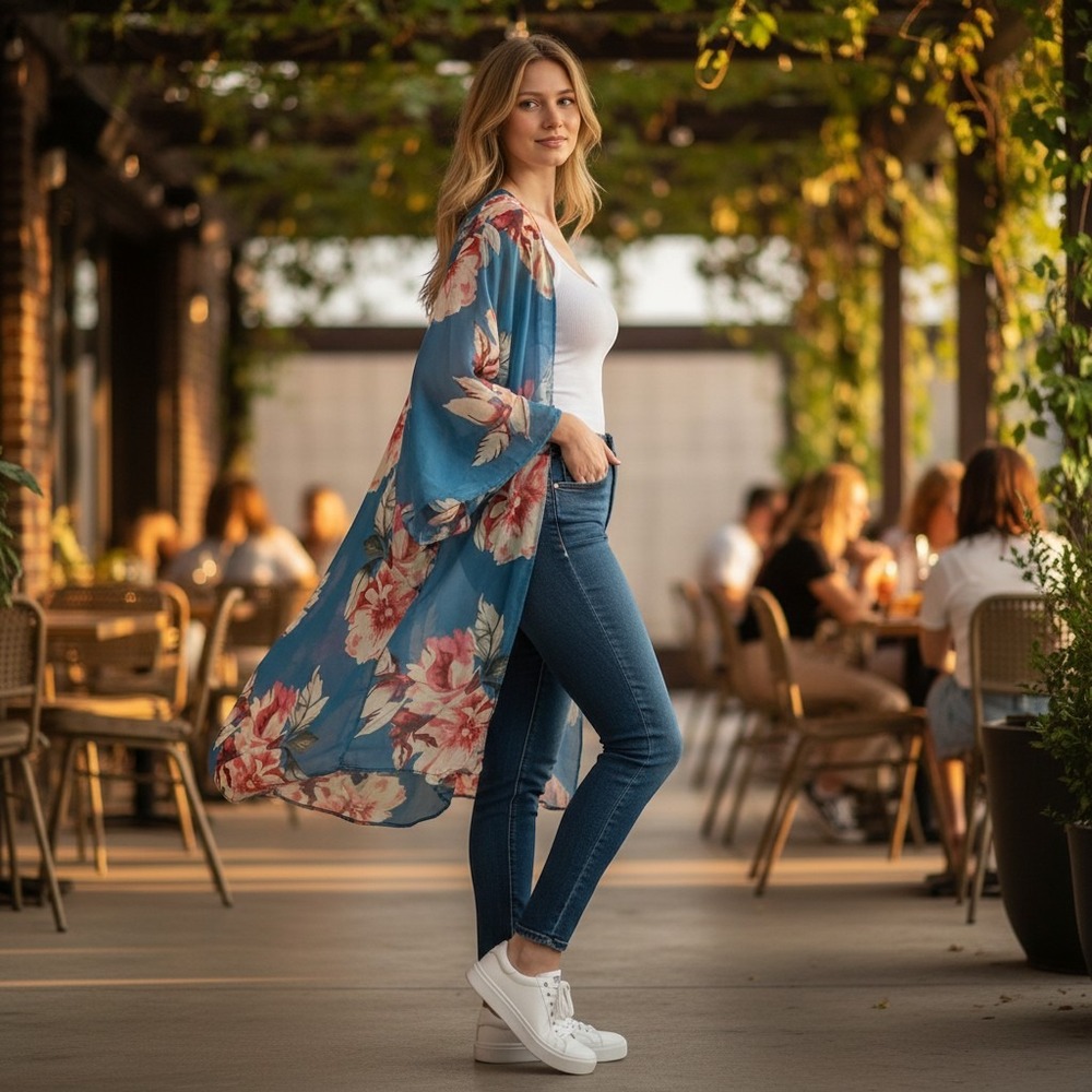 Blue Floral‎ Print Kimono Open Front Lightweight Cover Up Women's